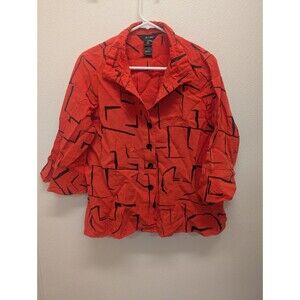 ALI MILES Tunic Top Size PM Red Geometric Art Long Sleeve Button Up Zip Accent